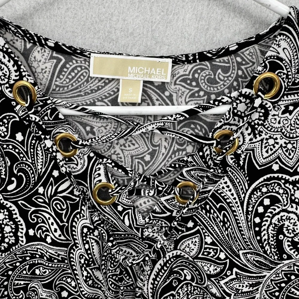 Michael Kors Blouse Womens Small Paisley Print‎ Lace Up Long Sleeve Top